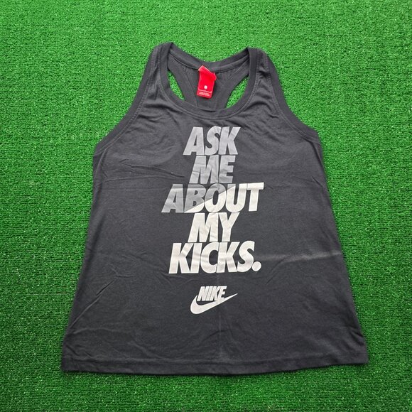 Nike Womens Tank Top Large Black Ask Me‎ About My Kicks Training Workout Gym - Picture 1 of 9